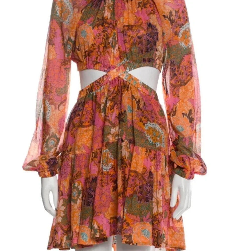 NWOT A.L.C. Izzy Fit & Flare Floral Cut Out Silk Boho Mini Dress XS $695